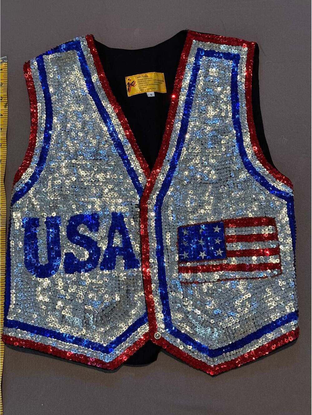 Vintage USA Sequin Flag Vest – Red White & Blue Patriotic – Size Small